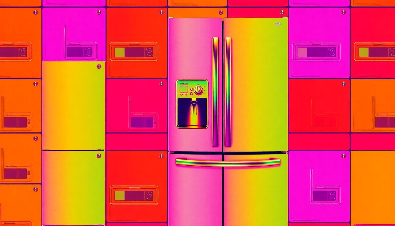 A brightly colored, high-contrast silkscreen print of a modern stainless steel kitchen appliance, such as a refrigerator or range, repeated in a tight grid pattern, conceptually representing the high-end finishes and amenities of the Buckhead condo.