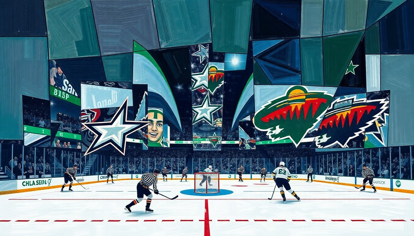 A cubist, geometric painting depicting a hockey game between the Dallas Stars and Minnesota Wild, with the players and action broken down into sharp, overlapping planes of color and form.
