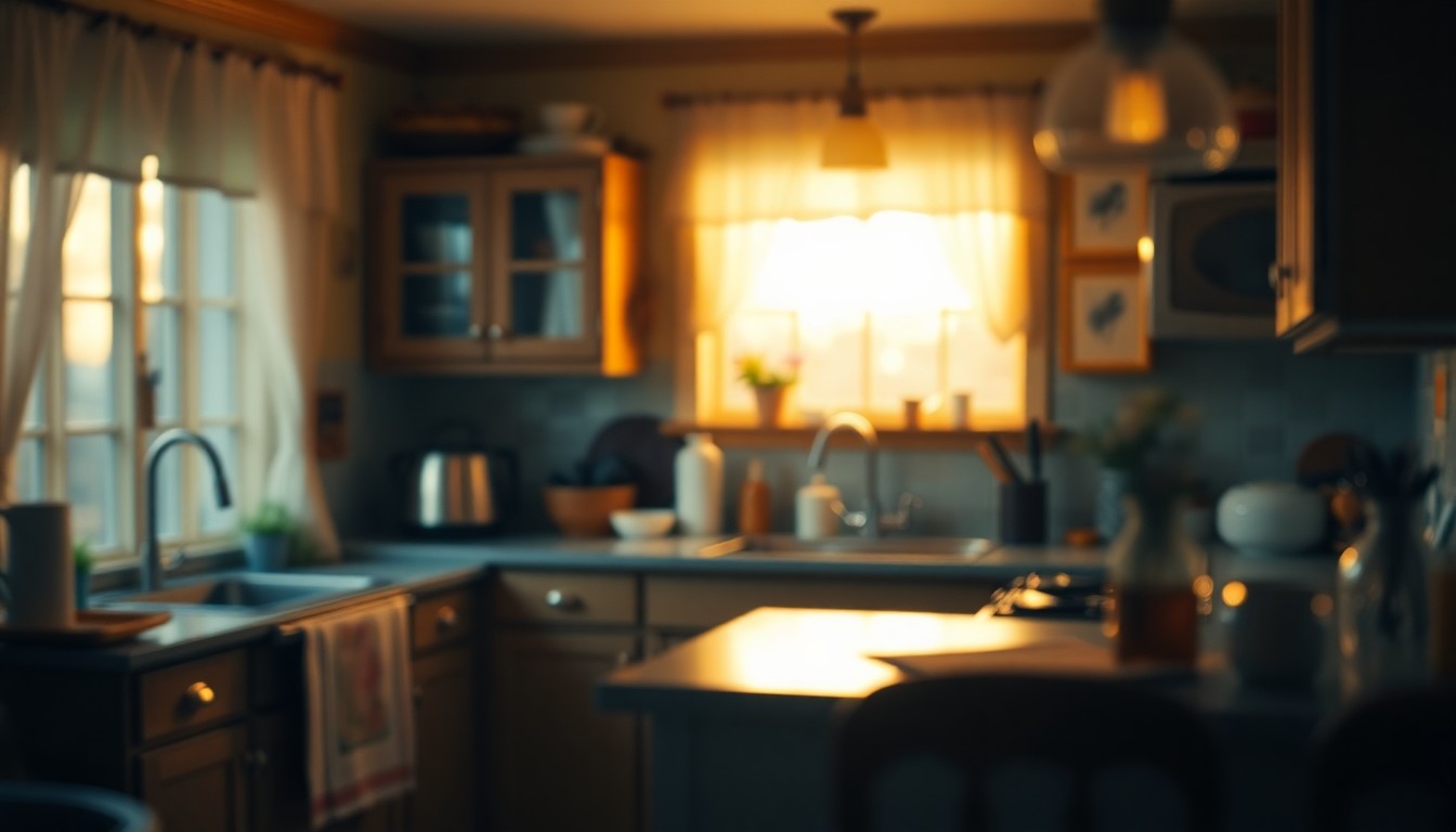 An extremely abstracted, out-of-focus photograph in warm tones, depicting the soft, hazy details of a well-appointed kitchen with hints of stainless steel appliances and white cabinetry.