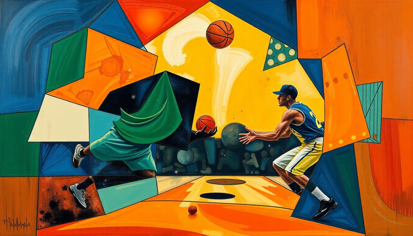 A cubist, geometric painting depicting two basketball or baseball players in overlapping, fragmented planes of navy, green, and orange, representing the Liggon twins' inseparable athletic careers.