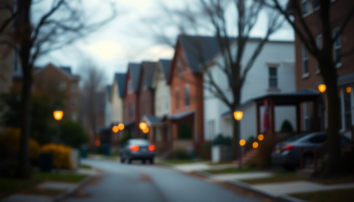 A hazy, impressionistic photograph of a residential street in Syracuse, with soft, blurred pools of warm light and color creating an atmospheric, dreamlike scene that evokes the diversity of local home prices.
