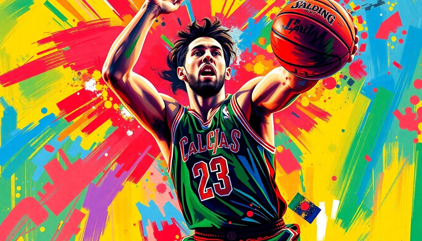 An abstract, energetic painting in neon colors depicting Jayson Tatum driving to the hoop, his figure broken down into expressive brushstrokes that convey the intensity of his athletic movements.