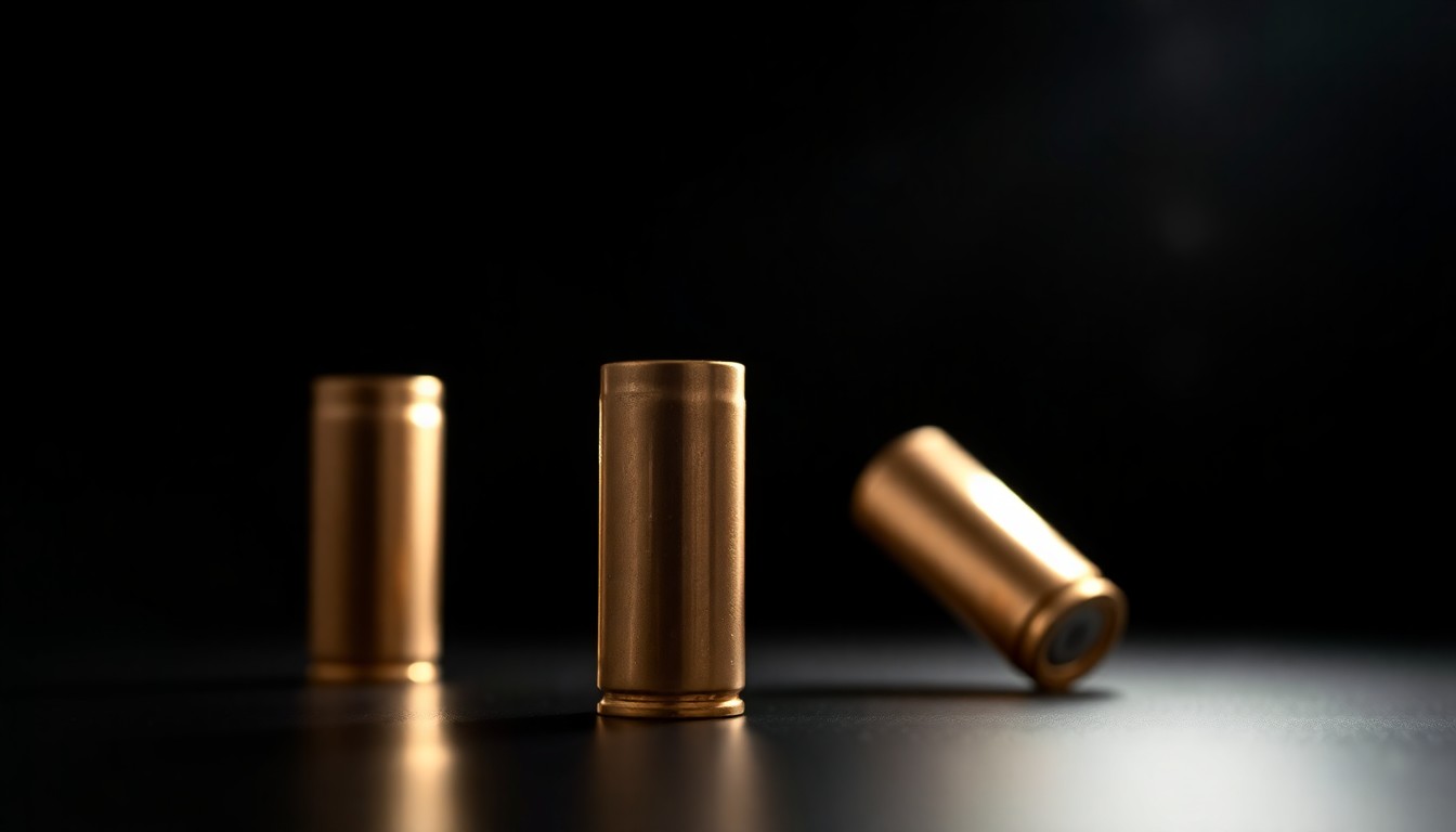 An extreme close-up photograph of a single handgun cartridge, its metallic surface and textures dramatically illuminated by a harsh, direct camera flash against a pitch-black background, conceptually representing the security challenges faced by park officials.