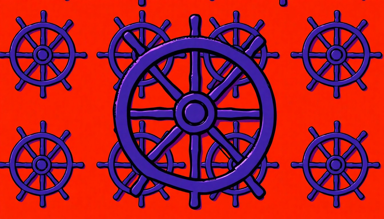 A brightly colored, high-contrast silkscreen print of a ship's anchor repeated in a tight grid pattern, capturing the pop art aesthetic and conceptual focus on maritime industry workforce development.