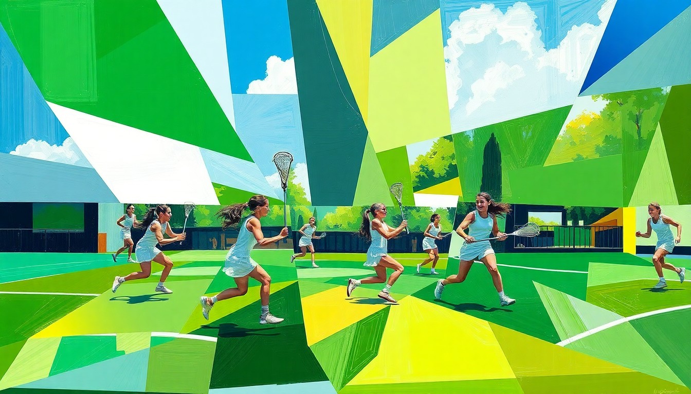 A fragmented, geometric painting in shades of green, blue, and white, capturing the dynamic motion and energy of a girls lacrosse game through Picasso-inspired cubist techniques.