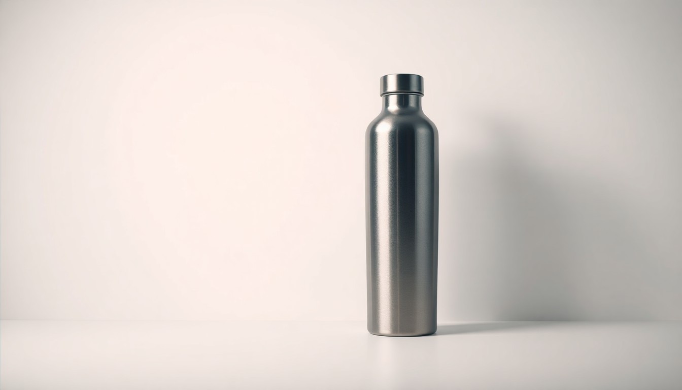 A high-end, photorealistic studio still-life photograph of a sleek, modern stainless steel shaker bottle, arranged elegantly on a clean, monochromatic background with dramatic lighting and shadows, conceptually representing the premium, durable, and sustainable qualities of the evolving shaker bottle product category.