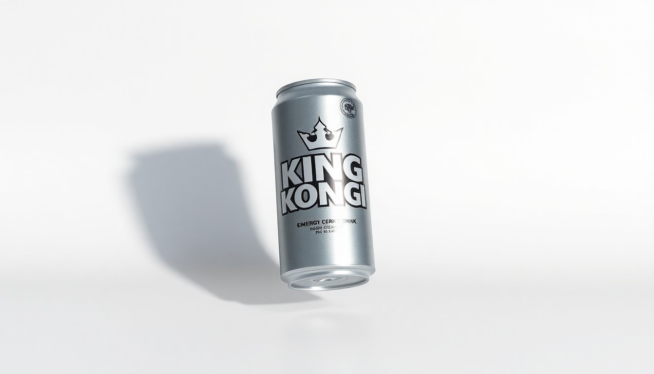 A photorealistic studio still life of a sleek, metallic energy drink can with the King Kongin logo, floating on a clean, monochromatic background and dramatically lit to convey the premium quality and global success of the brand.