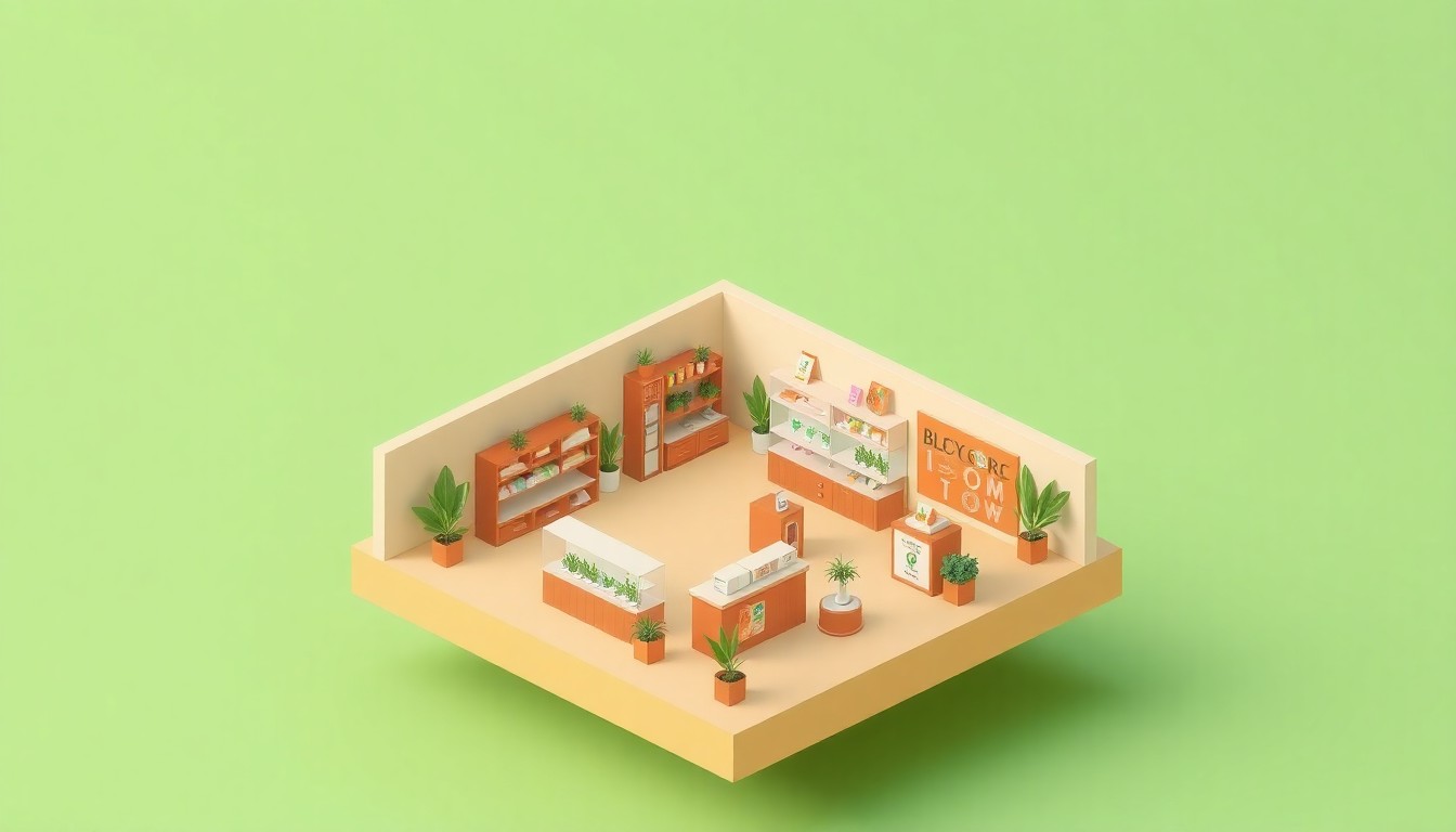 A stylized, isometric 3D illustration depicting the interior of a modern cannabis dispensary, with geometric shapes representing shelves, counters, and equipment in a warm, inviting color palette, conceptually representing BLOOM ROC's mission to support inclusive, community-driven cannabis businesses.