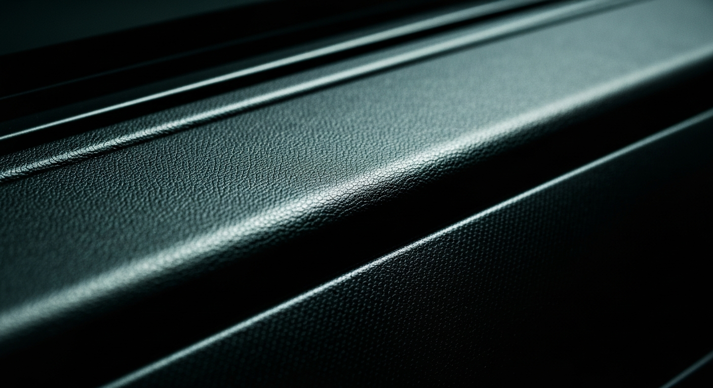 An extreme close-up of a car's pebbled leather dashboard, captured in high contrast and dramatic lighting, conveying the intricate details and materials that make up modern automotive design.
