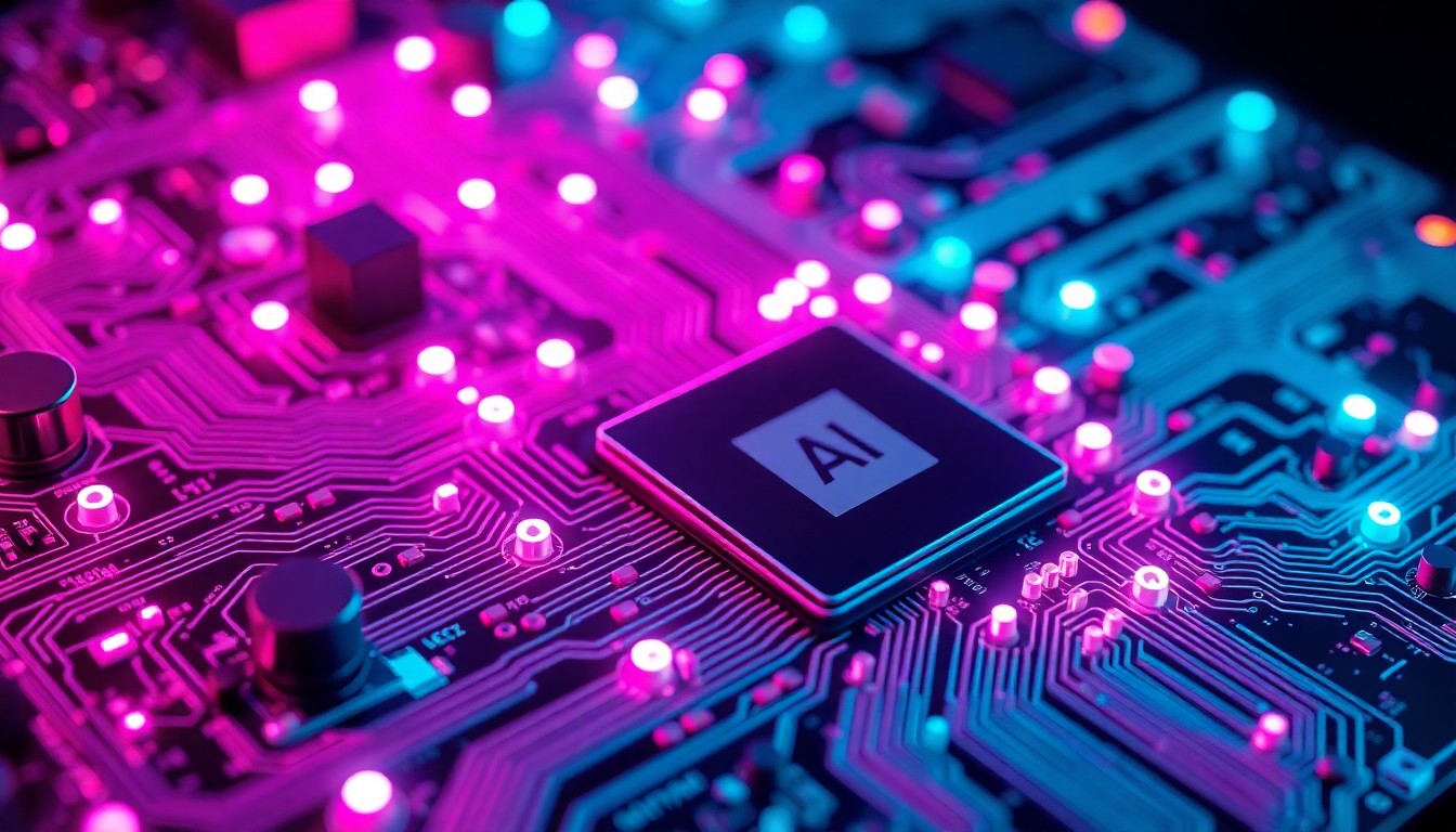 A highly detailed, glowing 3D macro illustration of a complex circuit board with pulsing neon cyan and magenta lights, conceptually representing the intersection of human creativity and AI-driven efficiency in the modern professional world.
