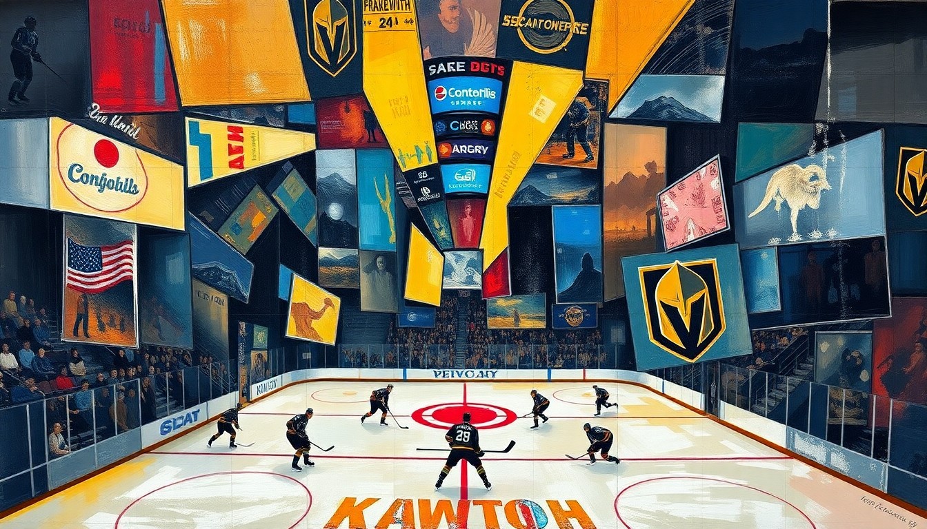 A cubist, geometric painting depicting a hockey game, with players and the puck broken down into sharp, overlapping shapes and planes of color, conveying the intensity and unpredictability of the playoff matchup between the Utah Mammoth and Vegas Golden Knights.
