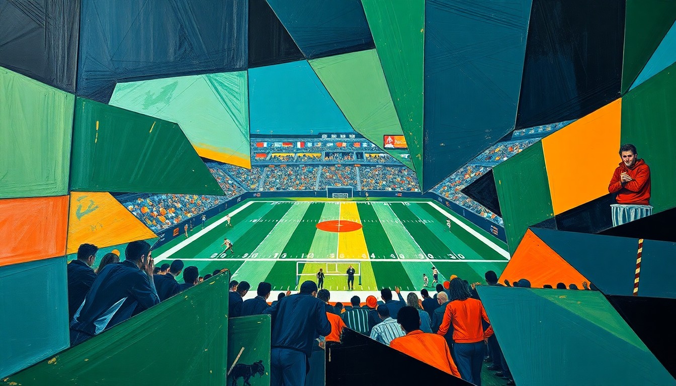 A fragmented, geometric painting depicting a football game broken down into sharp, overlapping planes of navy, green, and orange, conceptually representing the analytical process of evaluating top draft prospects.