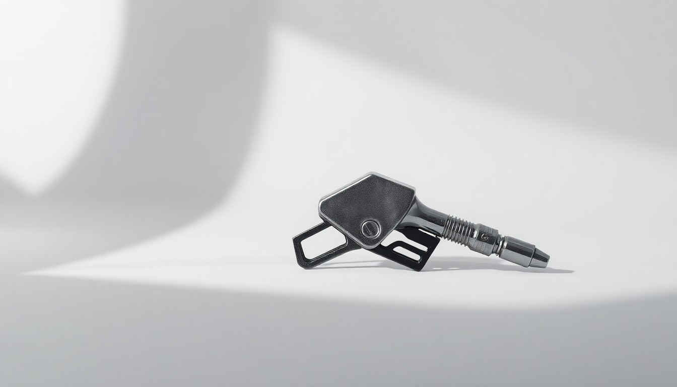 A highly detailed, photorealistic studio photograph of a single metal fuel nozzle resting on a plain white background, conveying the abstract concept of rising fuel costs impacting the airline industry.