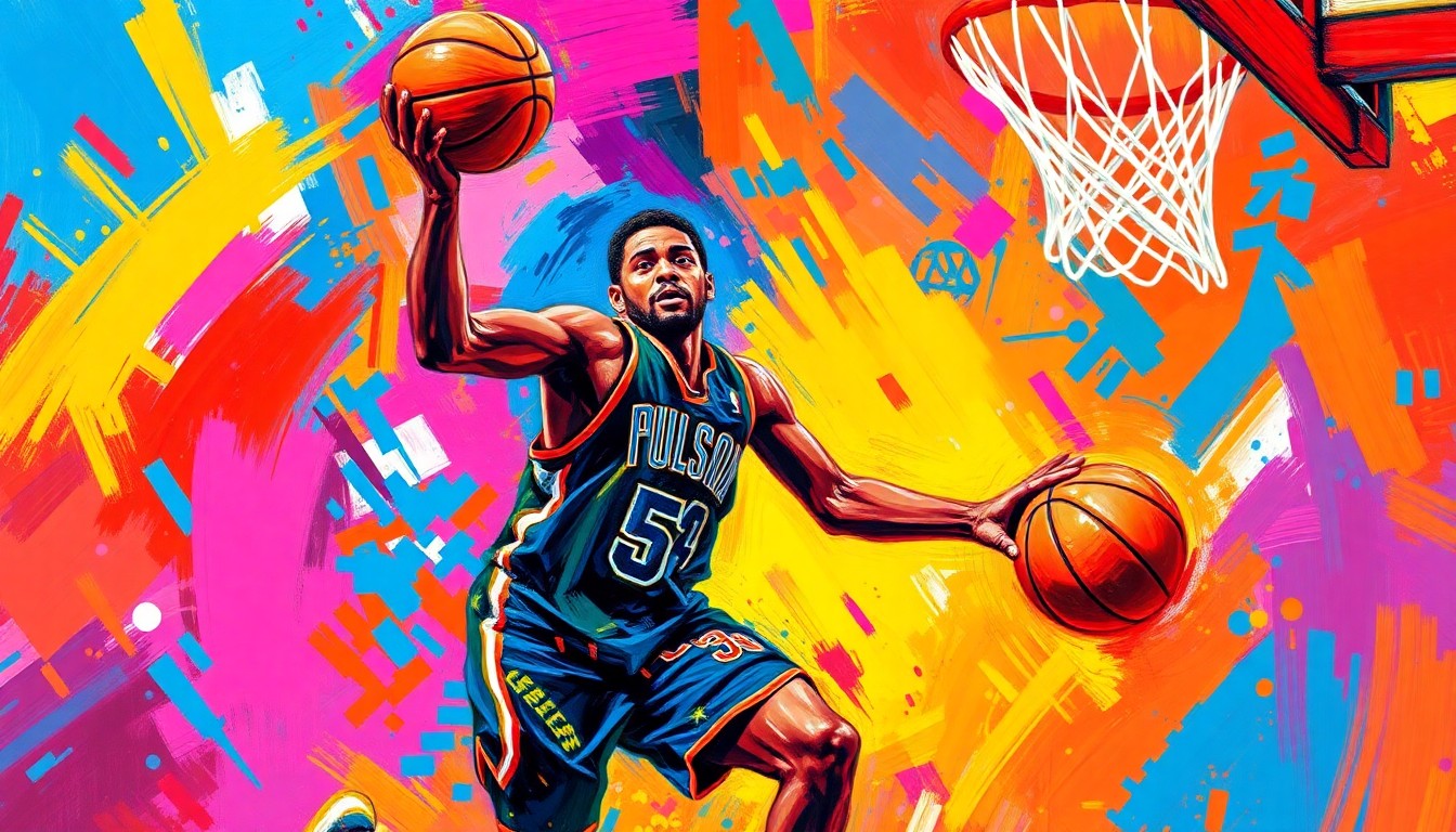 An abstract, energetic painting in the vibrant, expressionist style of LeRoy Neiman, capturing the raw athleticism and movement of a basketball player driving to the hoop. Explosive neon colors like electric blue, hot pink, and fiery orange swirl and splash across the canvas, blurring the player's features into an unrecognizable blur of kinetic energy.