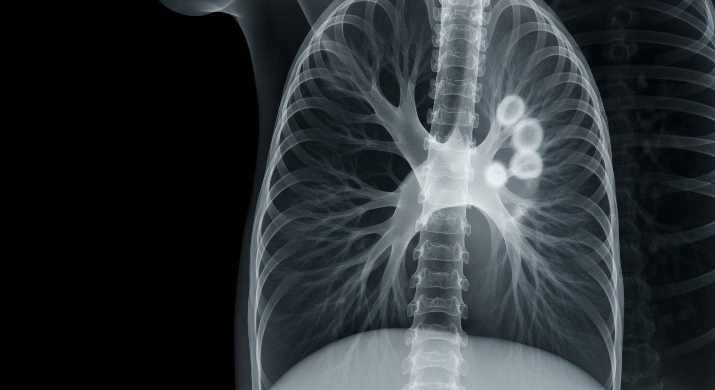 A ghostly, translucent X-ray image showing the internal structure of a human lung with areas of inflammation and damage caused by COPD, rendered in glowing lines against a dark background.
