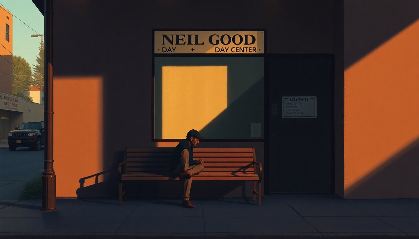 A serene, cinematic painting depicting a lone homeless person sitting on a bench outside a nondescript building, the scene bathed in warm, dramatic lighting and shadows that evoke a sense of melancholy and isolation.