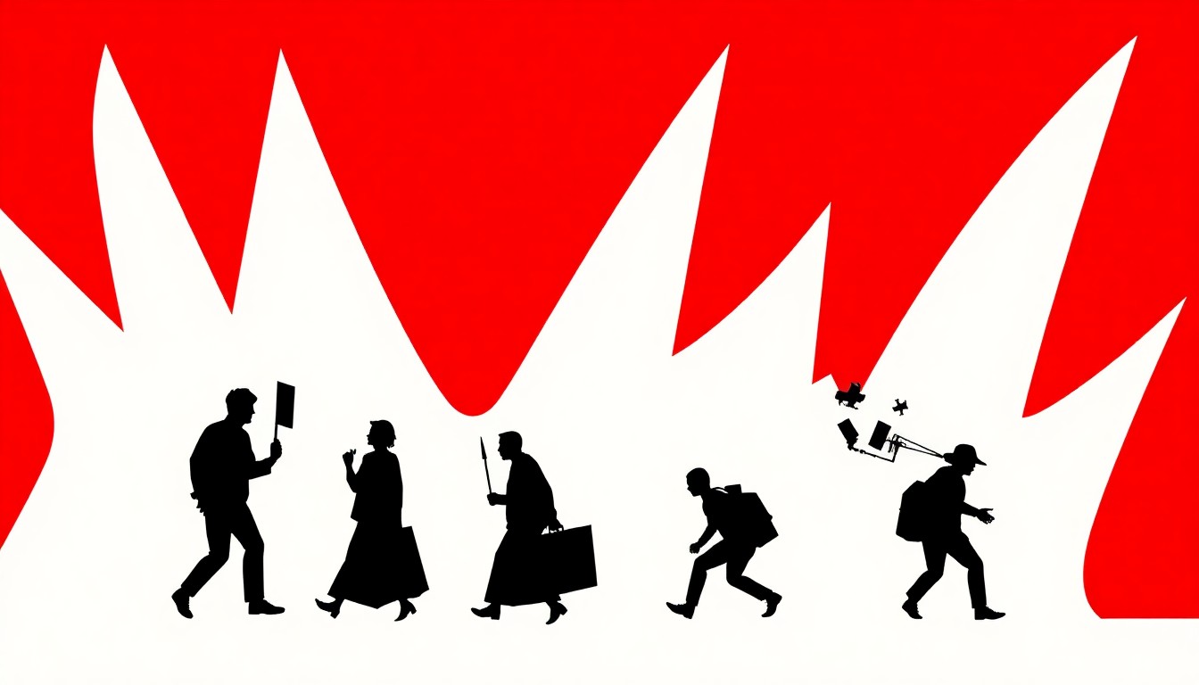 A striking abstract composition of bold, jagged black silhouettes and high-contrast solid colors, conceptually representing the fusion of global influences and social themes in Deportee's music.