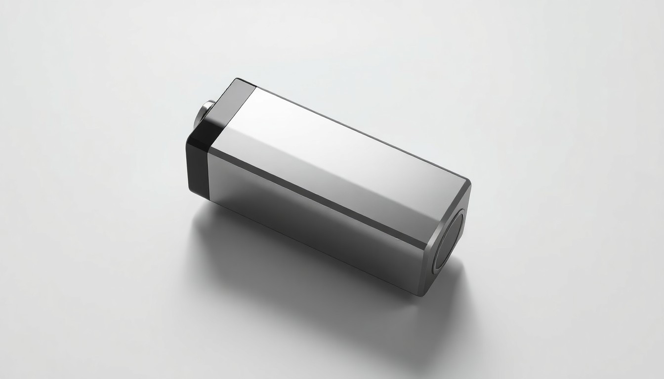 A high-end, photorealistic studio still-life photograph featuring a polished, geometric battery cell made of premium materials like aluminum and glass, floating on a clean, monochromatic background. The dramatic studio lighting and deep shadows represent the abstract concepts of energy storage, grid modernization, and the global race for battery technology leadership.