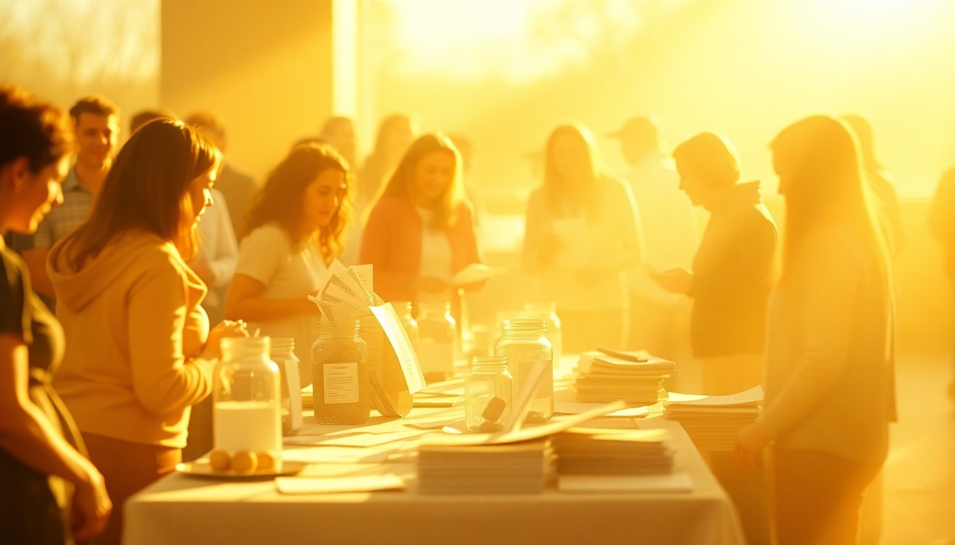 An abstracted, out-of-focus photograph showing the blurred silhouettes of people gathered around a table covered in donation jars and fundraising materials, conveying the atmosphere of a community-driven philanthropic event.