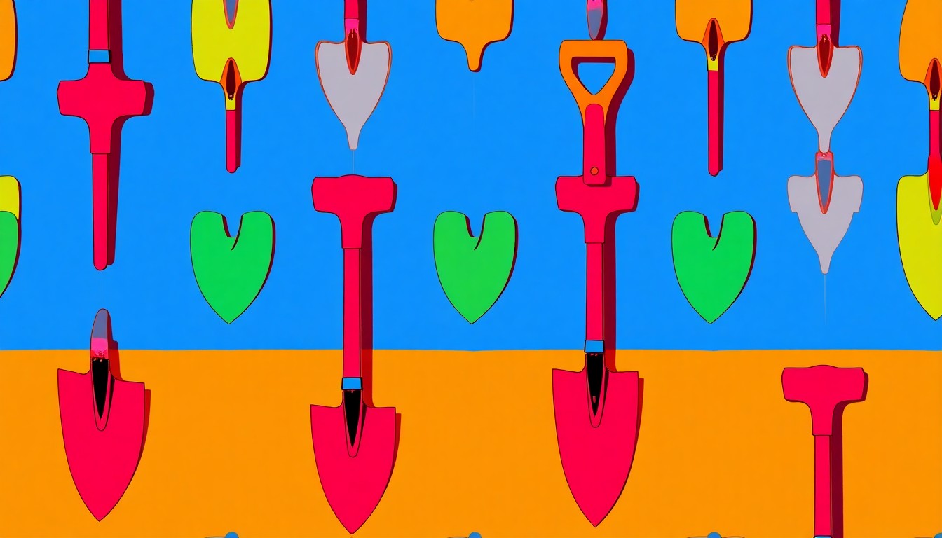 A brightly colored, high-contrast silkscreen print of a gardening trowel repeated in a tight grid pattern, conceptually representing the community-driven efforts to promote urban agriculture and sustainable food sources.