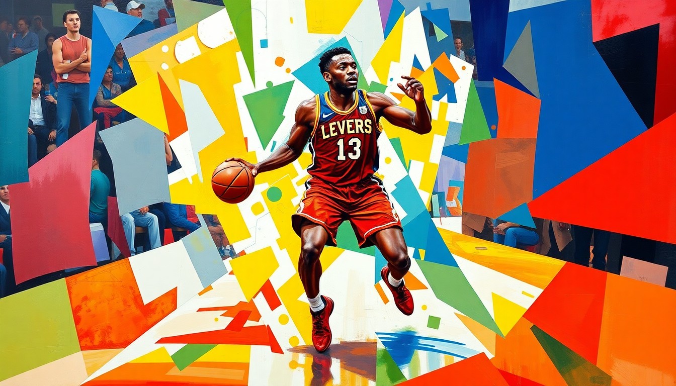 A cubist, geometric painting depicting the energy and athleticism of Victor Wembanyama's playoff debut, with overlapping planes of color and movement capturing the essence of his performance.