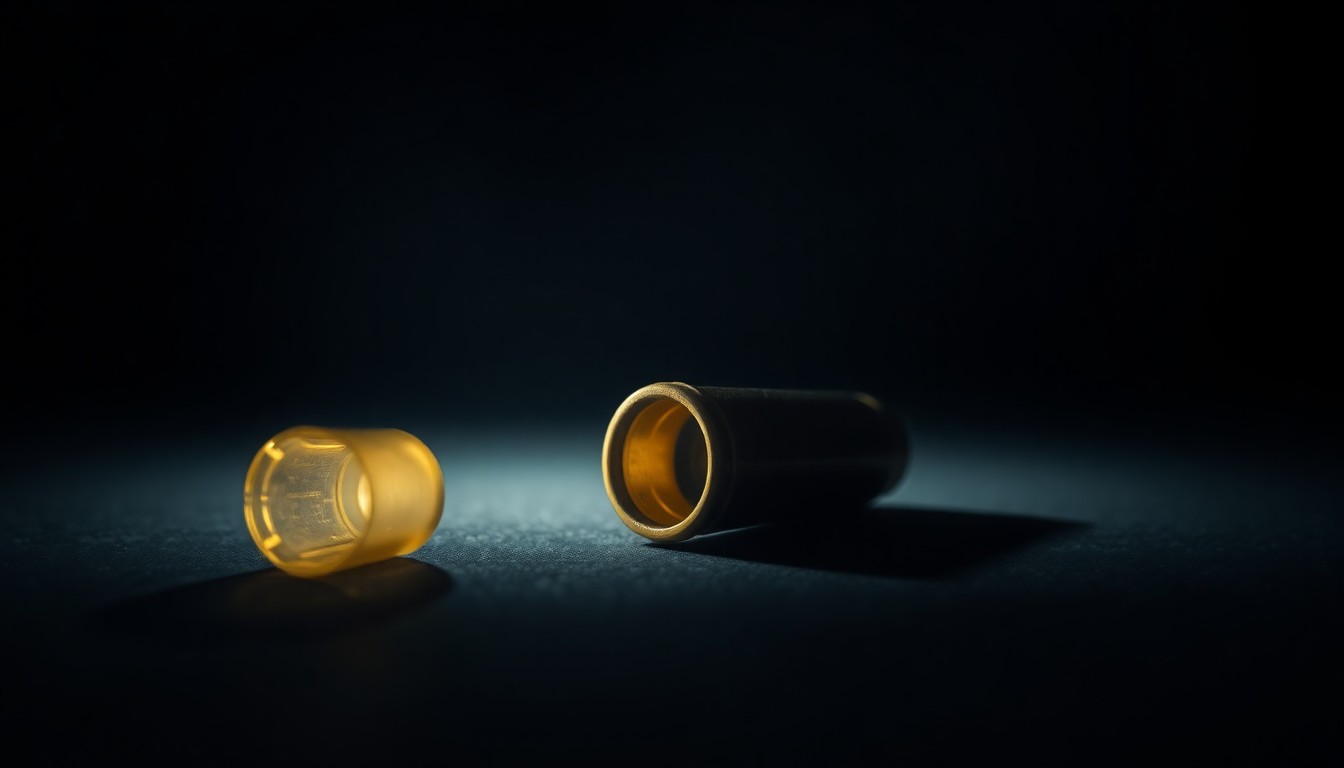 An extreme close-up photograph of a single spent shell casing on a dark surface, lit by a harsh, direct camera flash, conceptually illustrating the aftermath of a deadly shooting.