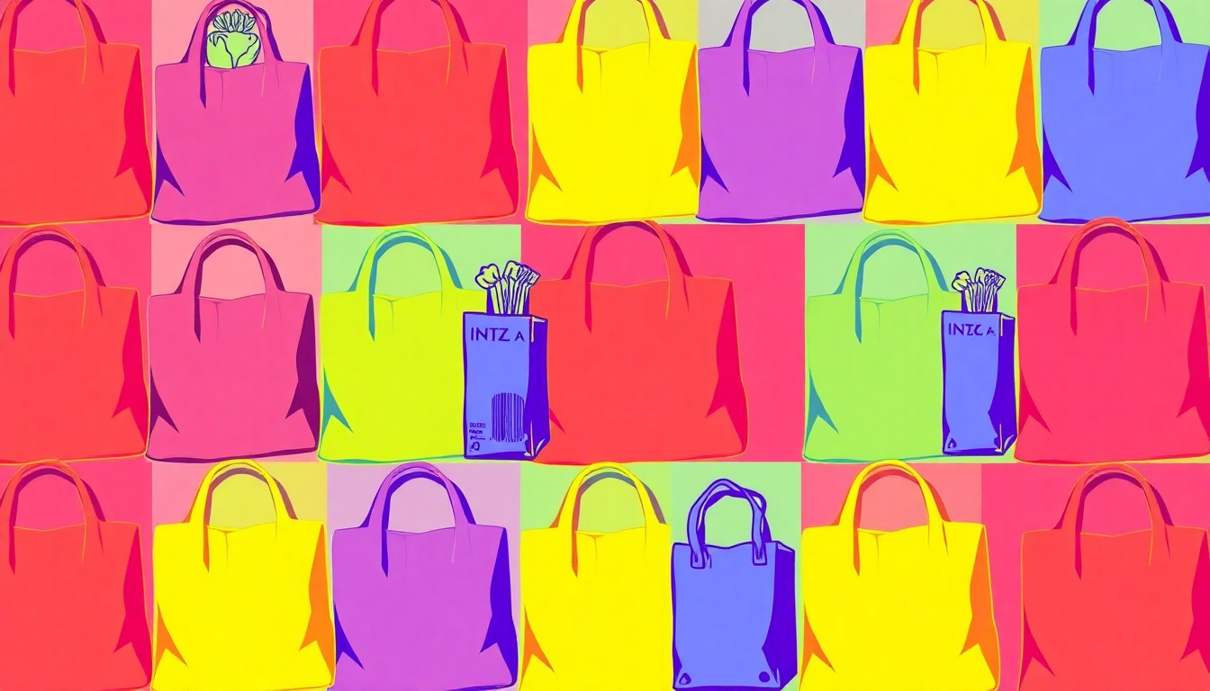 A highly stylized, abstract grid of a single, iconic lifestyle object such as a reusable grocery bag or organic produce item, rendered in a bold, neon color palette with heavy black outlines, conceptually representing the community-focused values and enduring spirit of a local natural foods cooperative.