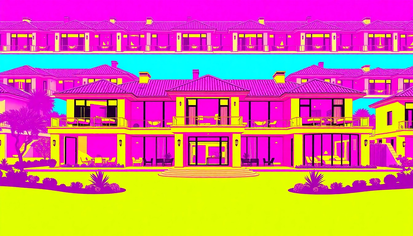 A high-contrast, silkscreen-style illustration of a modern luxury home exterior repeated in a grid pattern, using vibrant neon colors and heavy black outlines to transform the everyday into a work of pop art.