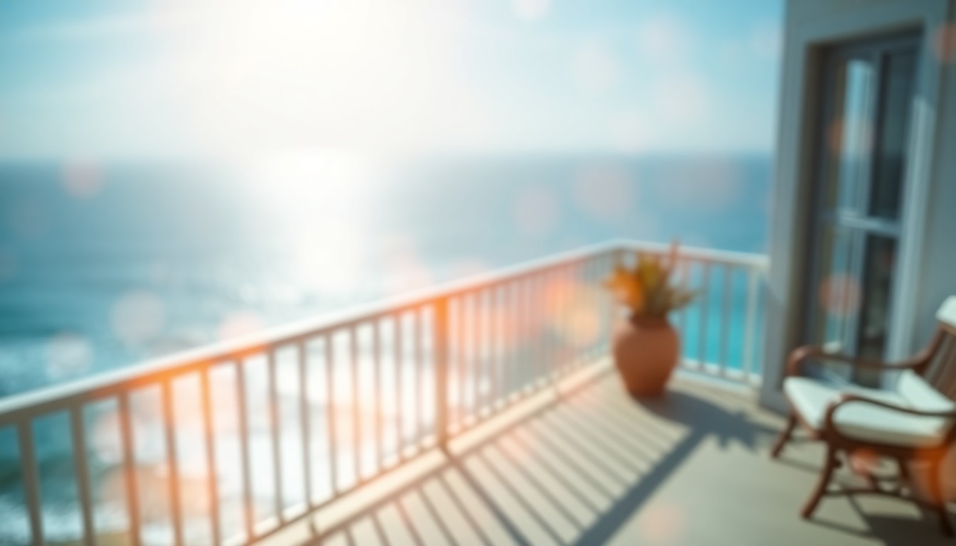 An extremely abstracted, out-of-focus photograph of a sun-drenched balcony overlooking the ocean, with soft pools of warm light and color creating a serene, dreamlike atmosphere.