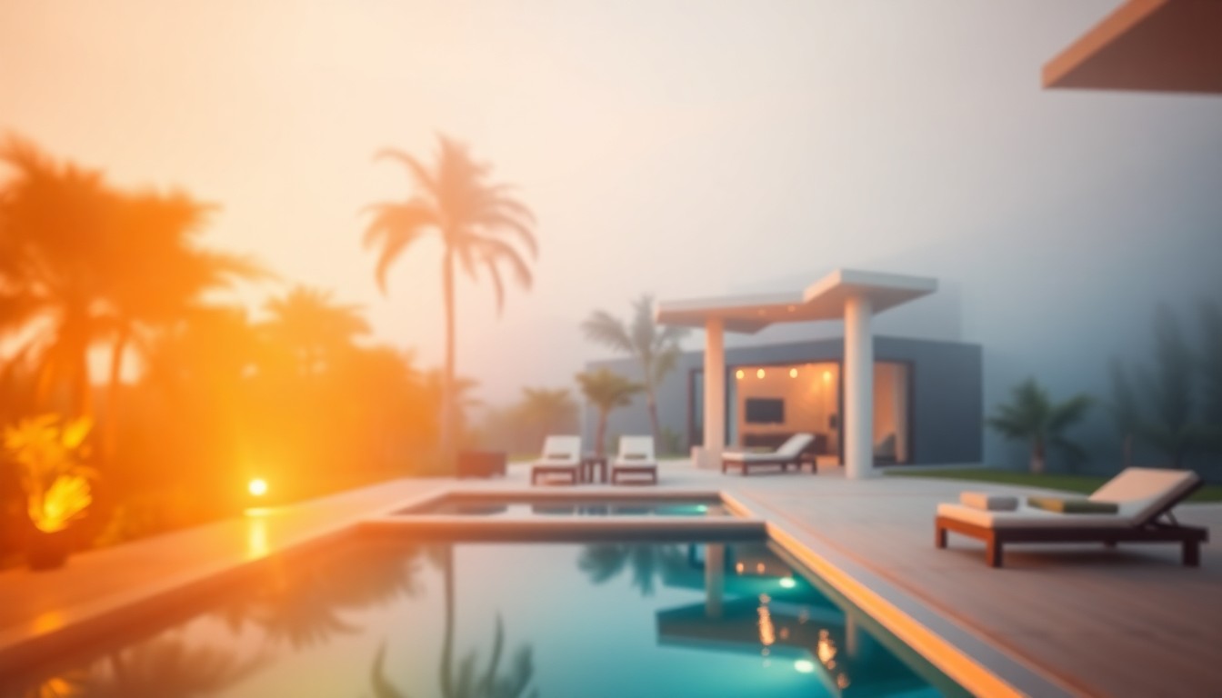 An abstract, out-of-focus photograph in warm, hazy tones depicting a luxurious outdoor living space with a swimming pool, lush greenery, and a glimpse of a modern, glass-walled home in the background, conceptually representing the high-end, resort-like atmosphere of the property.