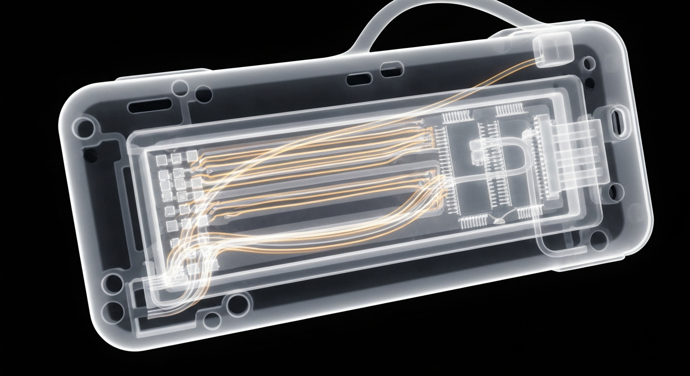 A ghostly, translucent X-ray photograph showing the internal structure of a power bank, with glowing, skeletal wires and circuits against a dark background, conceptually illustrating the fragility and potential danger of the lithium-ion battery technology.