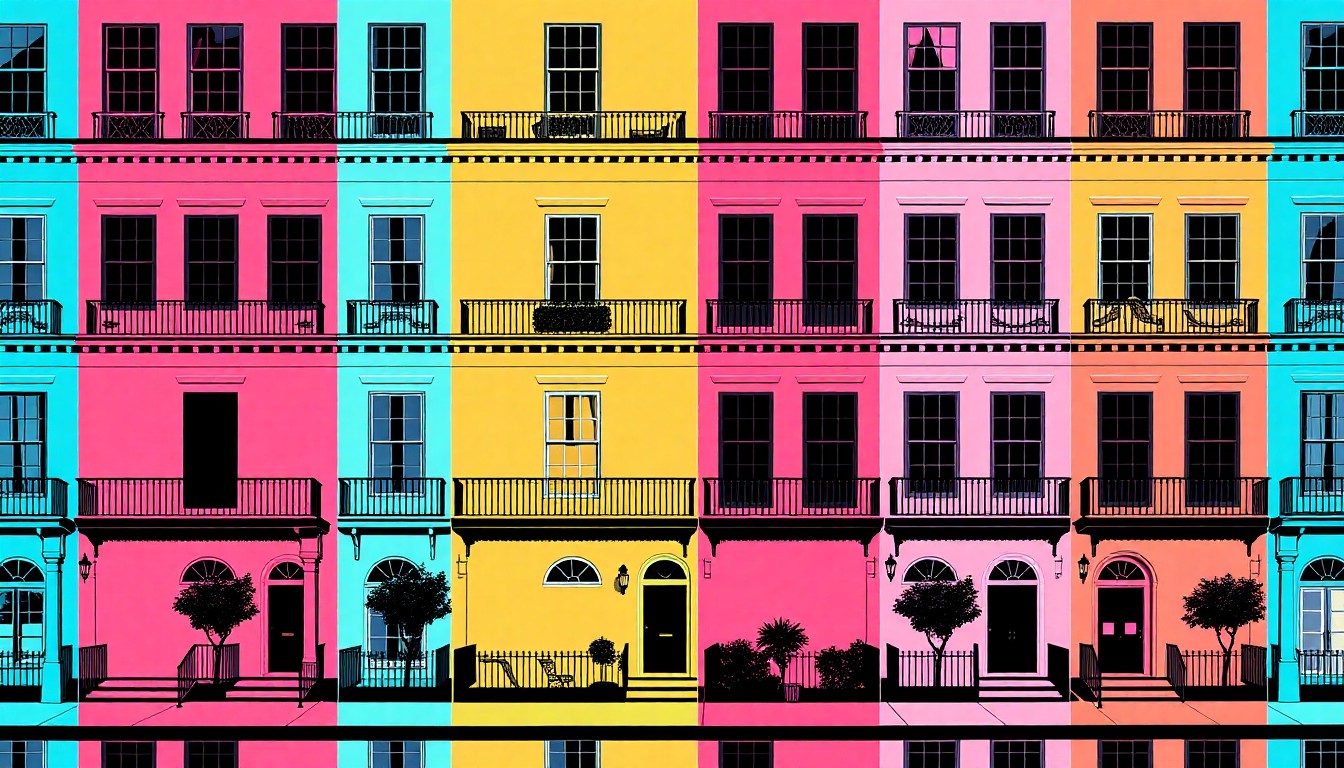 A high-contrast, silkscreen-style illustration of a Charleston home exterior repeated in a grid, using bold, neon-like colors and heavy black outlines to transform the architecture into a modern pop art piece.