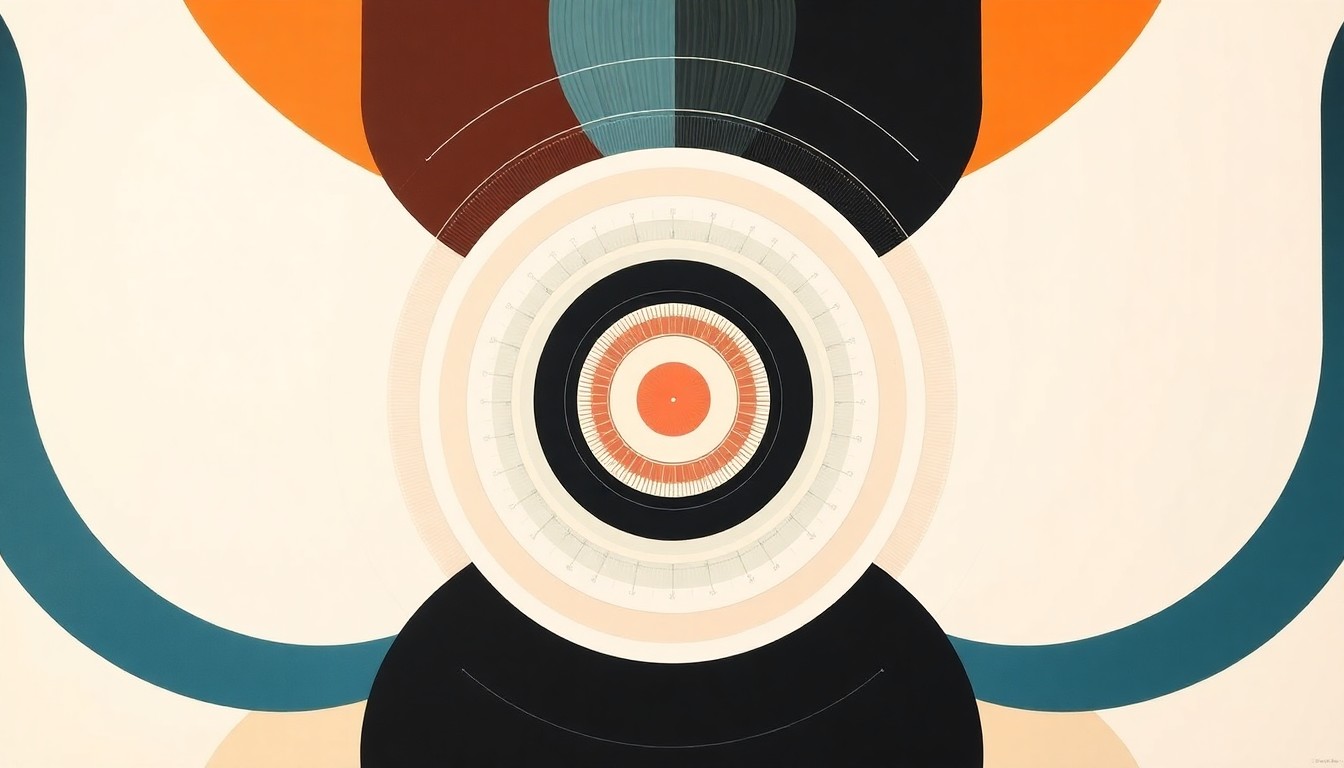 A highly structured abstract painting in soft, flat colors featuring sweeping geometric arcs, concentric circular charts, and precise data visualizations, conceptually representing the complex financial forces and growth trajectories of the Forrest Car Reviews automotive review platform.