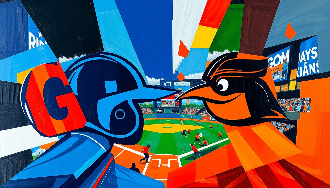 A fractured, multi-angled painting in bold, clashing colors representing the dynamic action of a baseball game between two teams, with no identifiable players or logos.