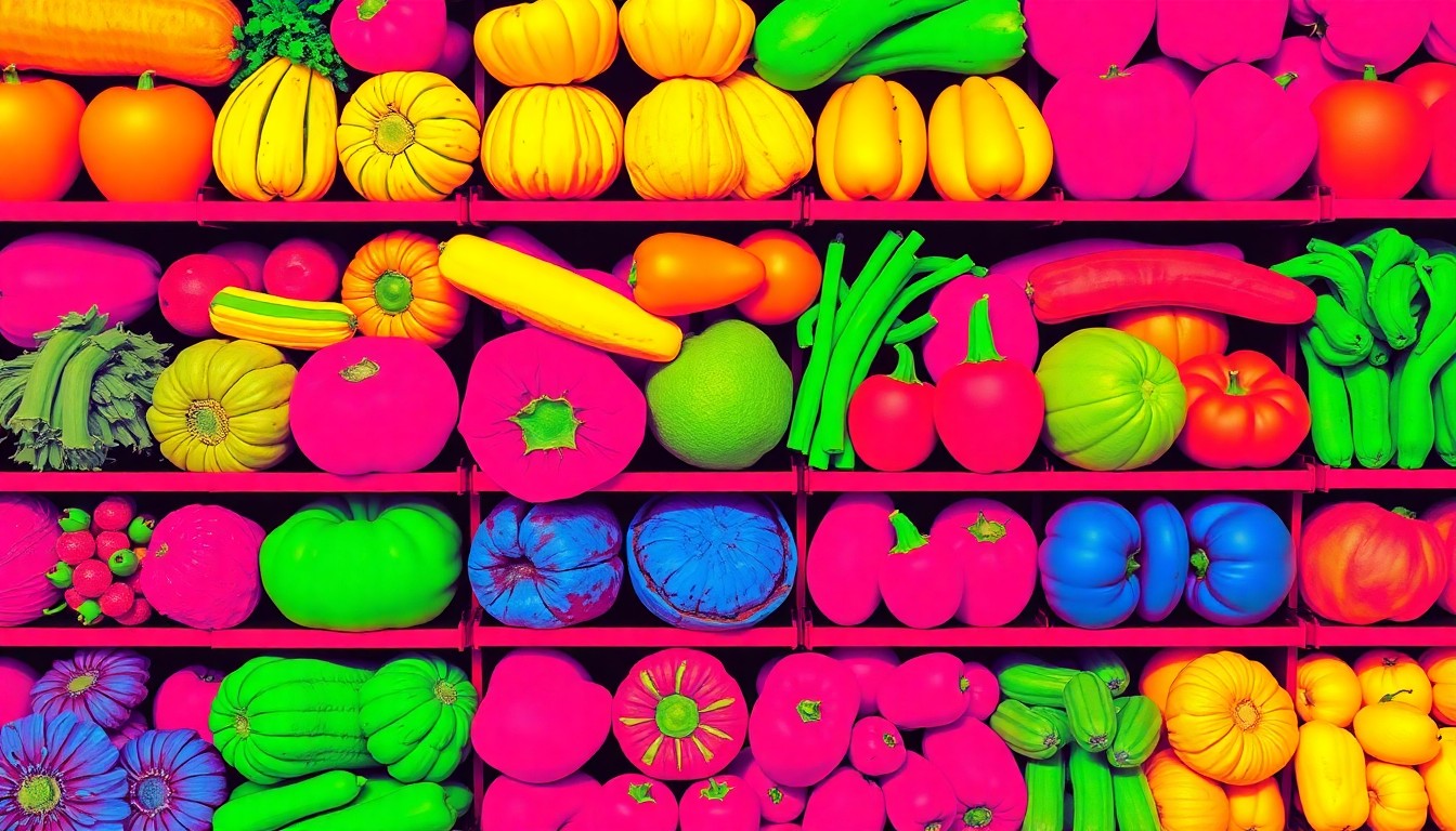 A brightly colored, high-contrast silkscreen print of a stack of organic produce in a variety of vibrant colors, repeated in a tight grid pattern, conceptually representing the joyful energy of a community festival.