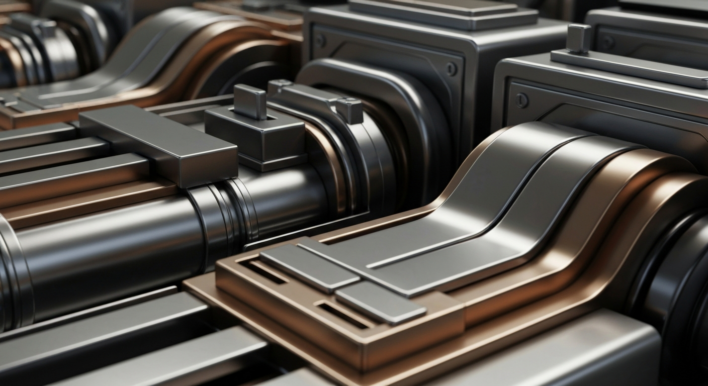 An extreme close-up of gleaming, industrial banking equipment and machinery, conveying the secure, institutional power of the financial sector as a metaphor for the upgrade of ISG's stock rating.