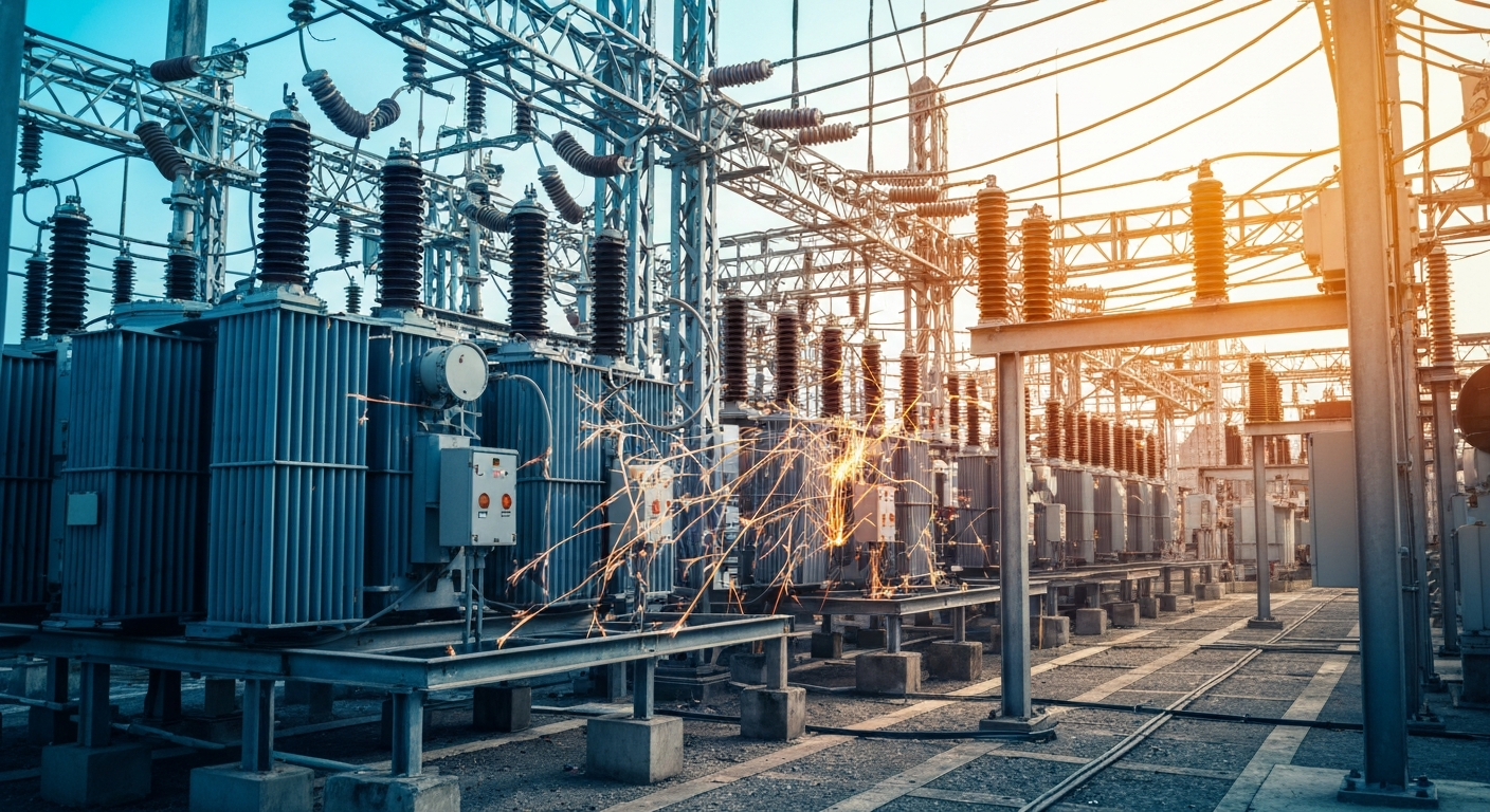 An extreme close-up of the heavy, industrial machinery and wiring that makes up the inner workings of an electrical substation, conveying a sense of the complex infrastructure underlying the power grid.