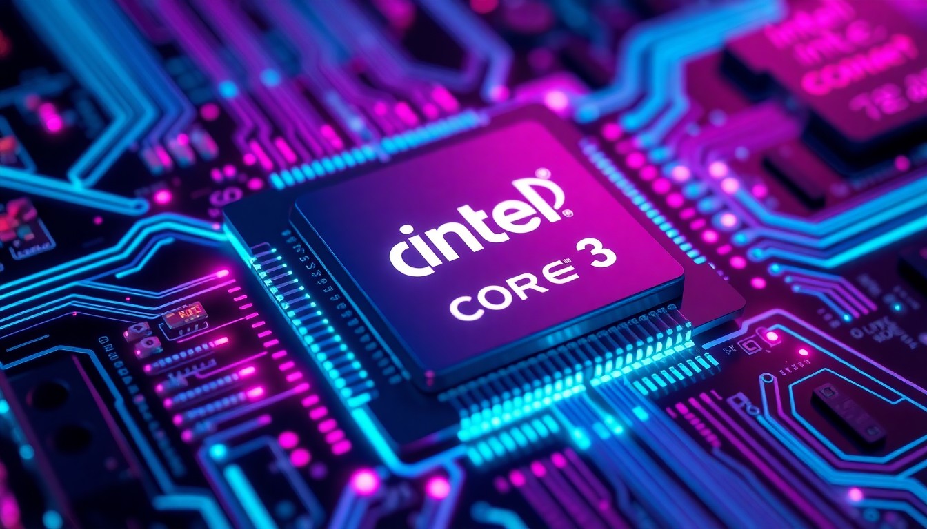 A highly detailed, glowing 3D illustration of an Intel processor chip, with neon cyan and magenta lights illuminating the intricate circuit patterns and hardware components, conceptually representing the advanced technology powering budget laptops.