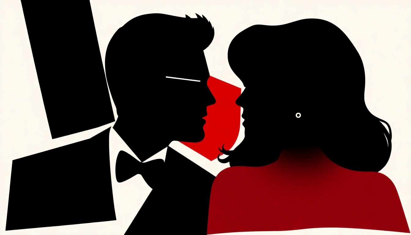 An abstract composition of jagged, overlapping black and white shapes, with a single bold red accent, conveying the idea of a close, dynamic relationship between two individuals without depicting any specific people or objects.