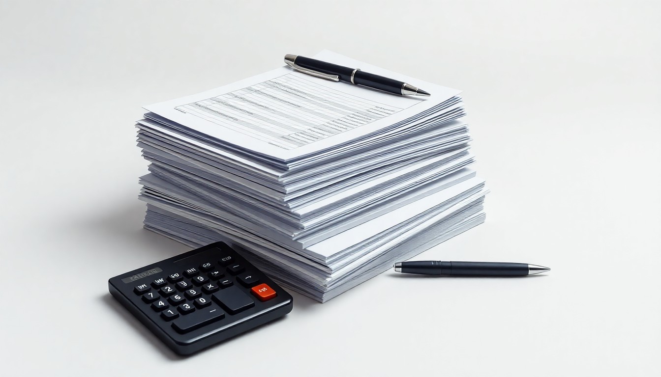 A photorealistic studio still life featuring a stack of accounting ledgers, a calculator, and a pen arranged on a clean, monochromatic background, symbolizing the financial challenges facing the Cobre School District.