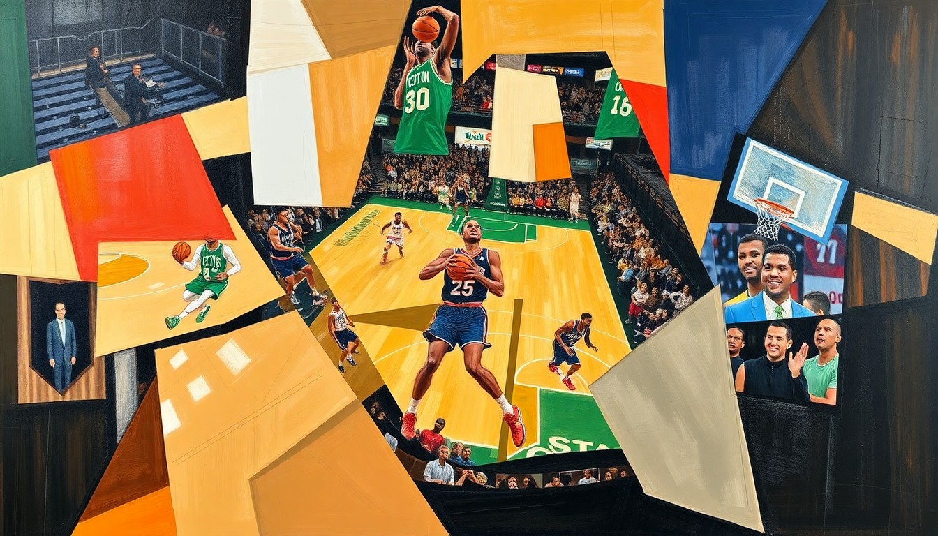 A fragmented, geometric painting depicting a basketball game in motion, with overlapping shapes and planes representing the players, ball, and court in an abstract, cubist style.
