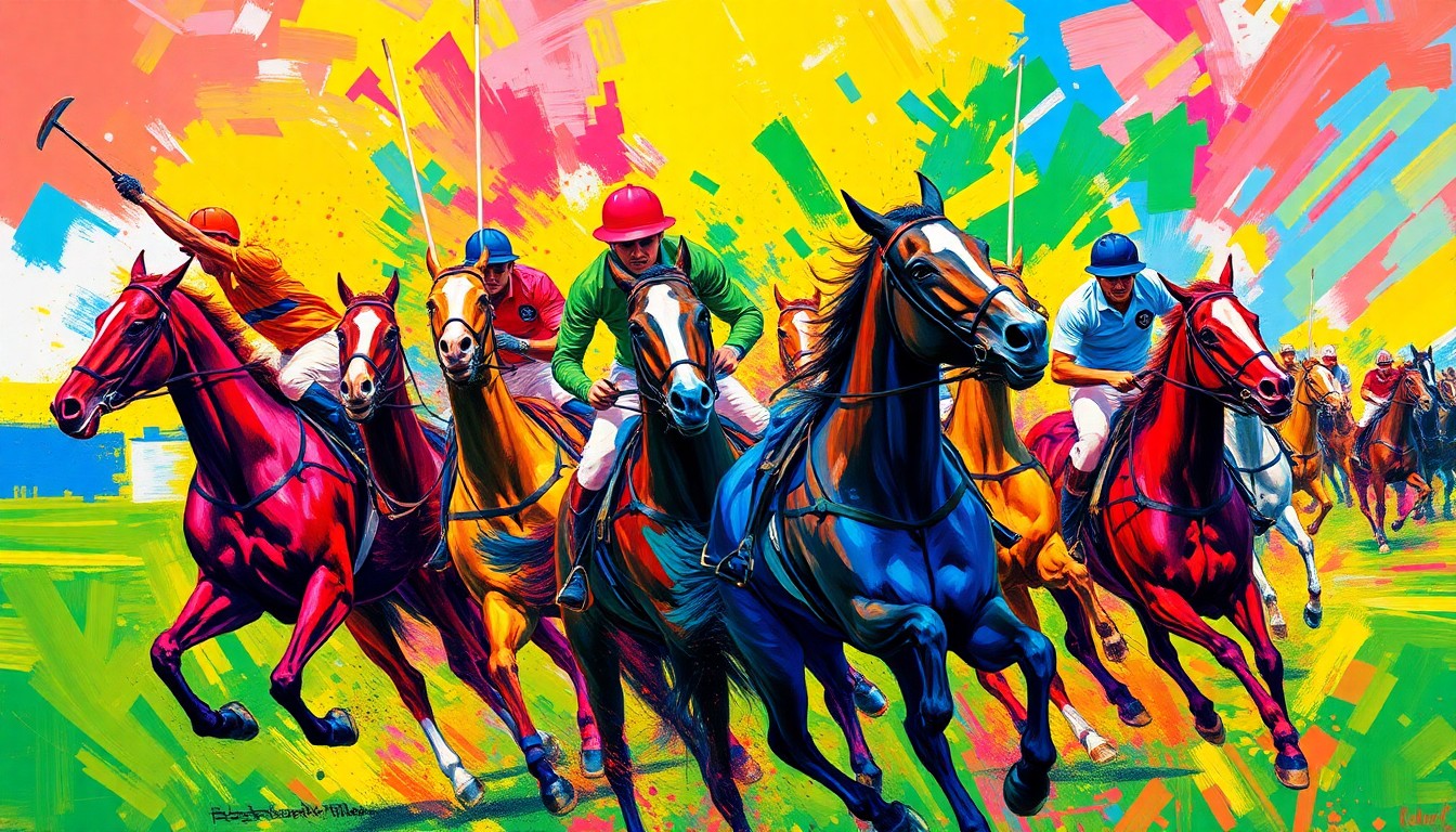 An abstract, expressionist painting in neon colors depicting the dynamic movements and energy of a high-level polo match, with players and horses blending into a colorful, textured composition.