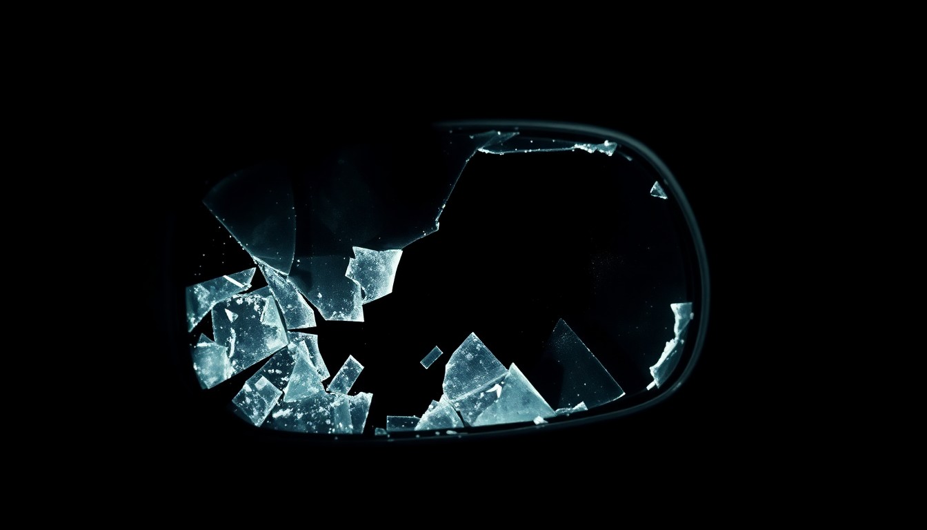 An extreme close-up photograph of shattered car glass, lit by a harsh flash against a dark background, conveying the gritty aftermath of a vehicular incident.