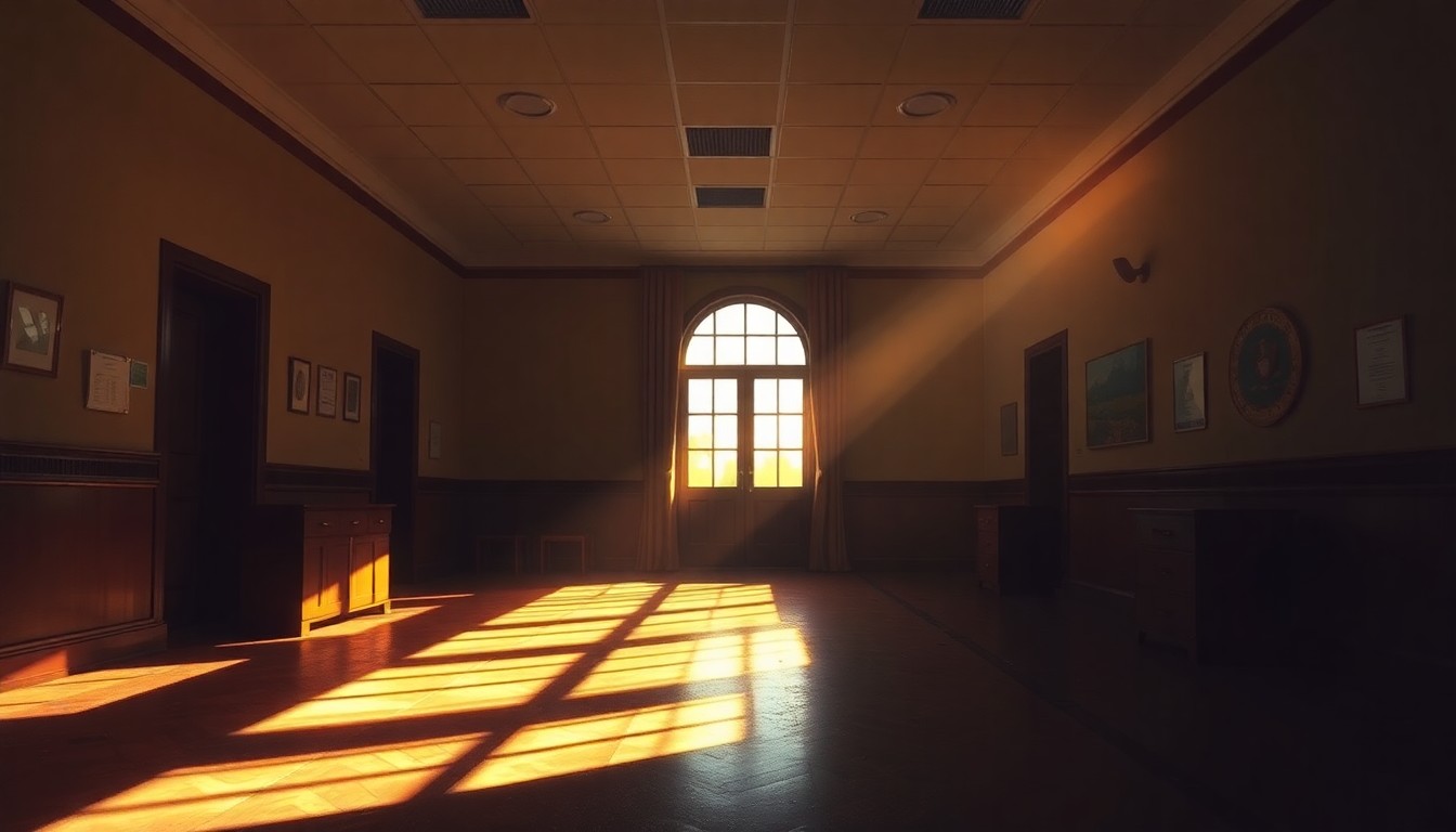 A dimly lit, cinematic interior scene of an empty government office, with sunlight streaming in through the windows and casting long shadows across the desks and chairs, creating a pensive, reflective mood.