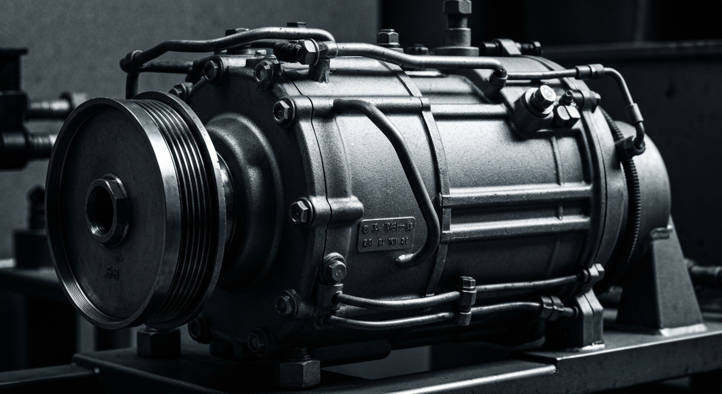 An extreme close-up of the heavy, metallic components of an auto AC compressor unit, rendered in a high-contrast, industrial style that emphasizes the intricate mechanics behind the auto repair industry.