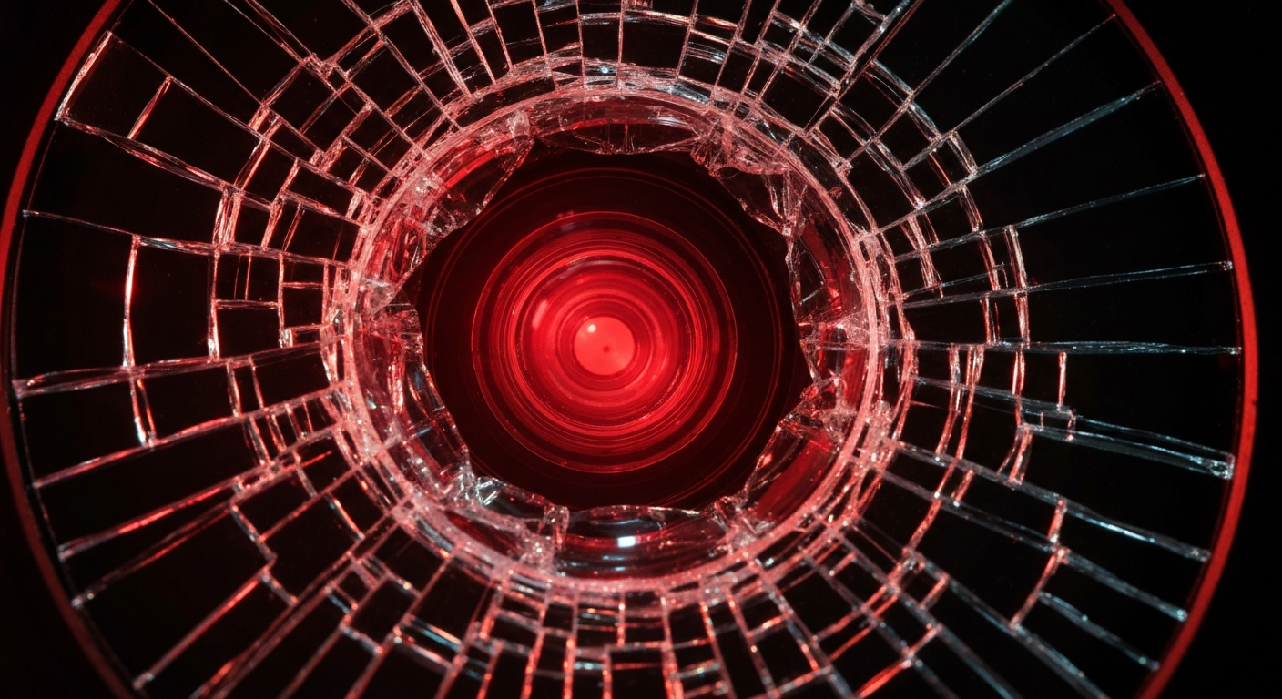 An extreme close-up of a shattered car sensor lens reflecting a faint red light, conceptually illustrating the vandalism of self-driving cars.