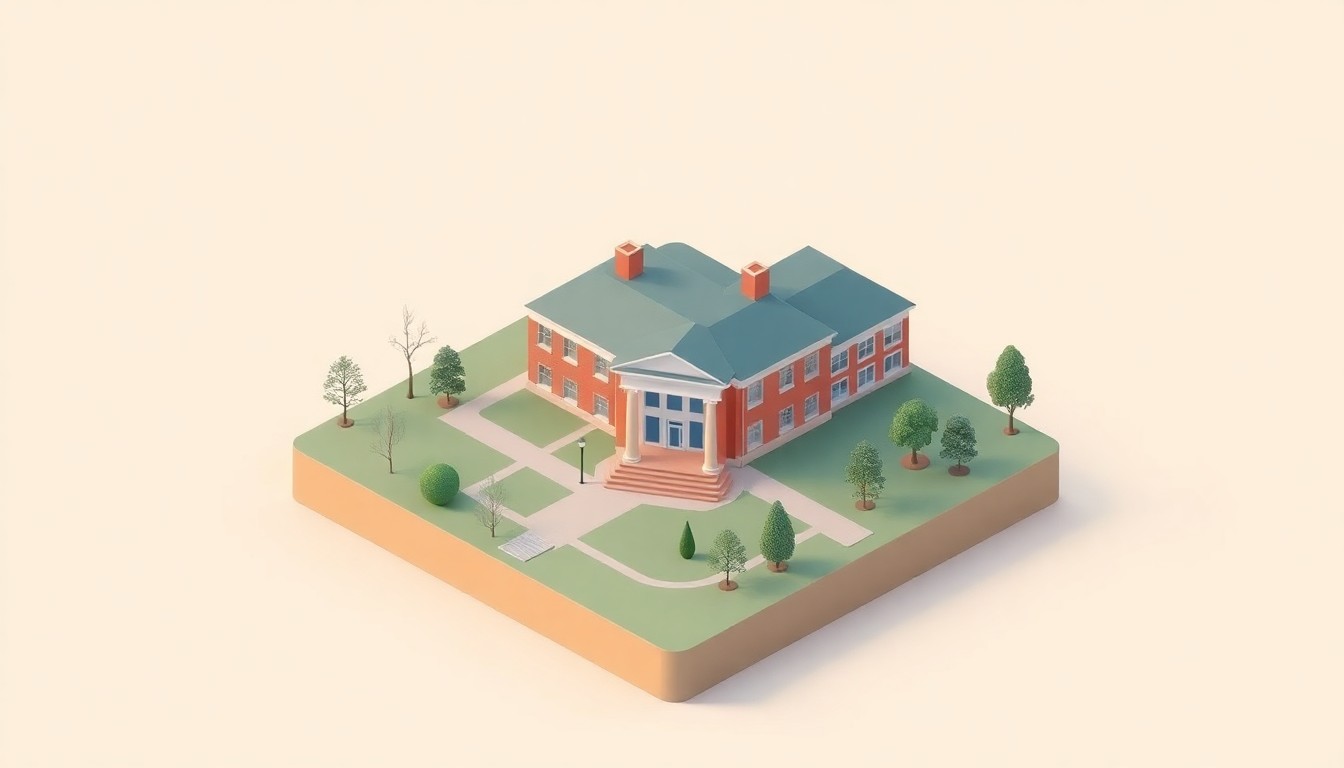 A stylized, isometric 3D illustration of a modern university campus, with a prominent student union building at the center featuring bold colors, clean lines, and soft lighting to convey a sense of community and campus life.