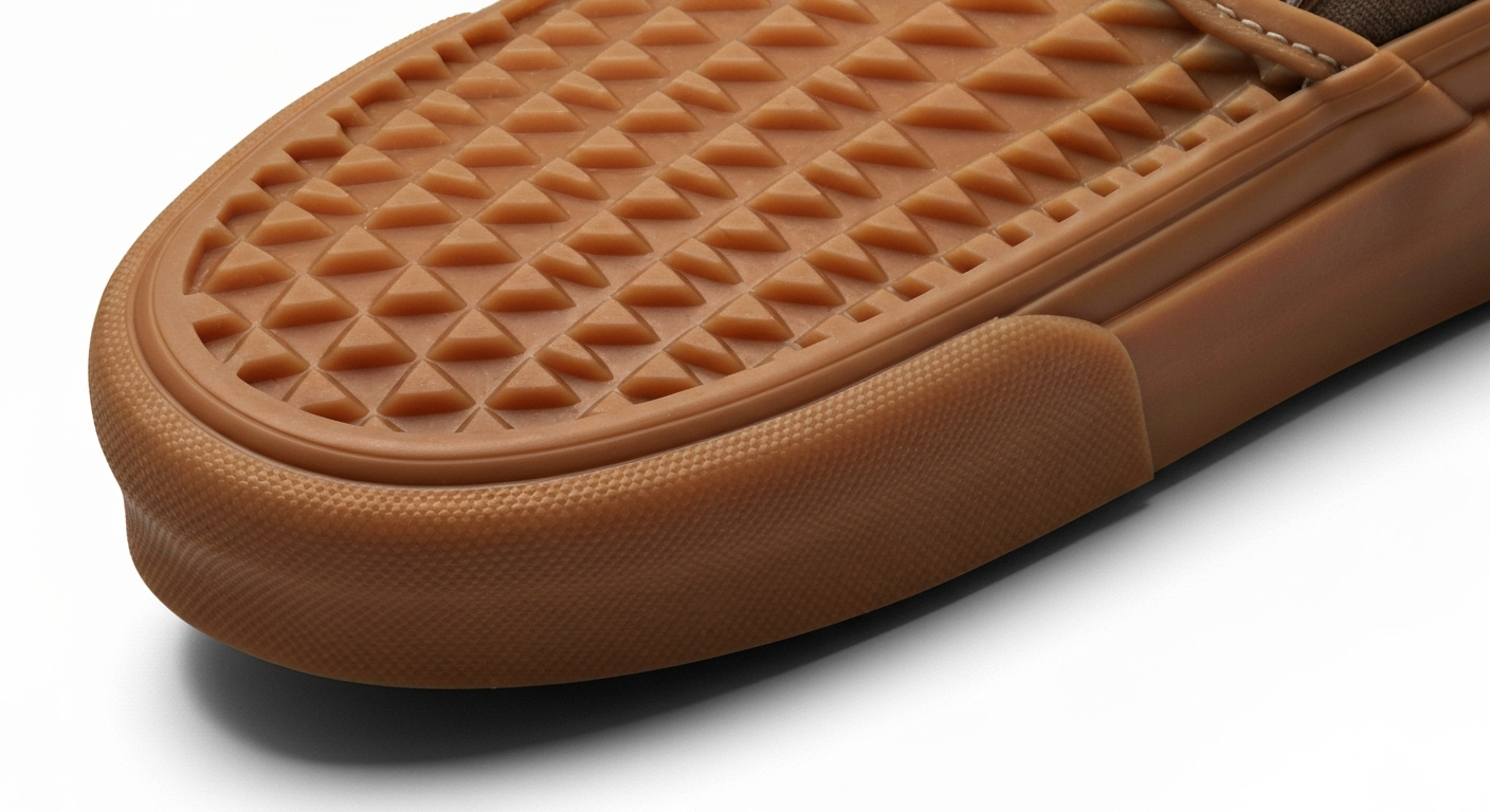 An extreme close-up of the textured gum rubber sole of a Vans Slip-On shoe, capturing the raw materials and tactile quality of the iconic footwear design in warm, earthy tones.
