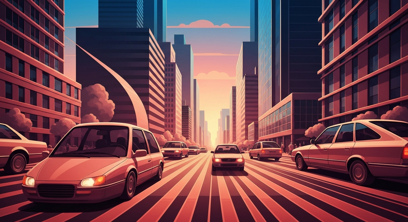 A heavily stylized, geometric illustration depicting the towering silhouette of an autonomous vehicle against a backdrop of sleek, angular urban architecture, conveying a sense of conflict and unease around self-driving technology.