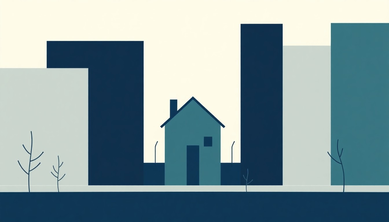 An abstract illustration composed of overlapping triangles and rectangles in shades of blue, grey, and green, conveying the financial pressures of high rents and stagnant incomes.